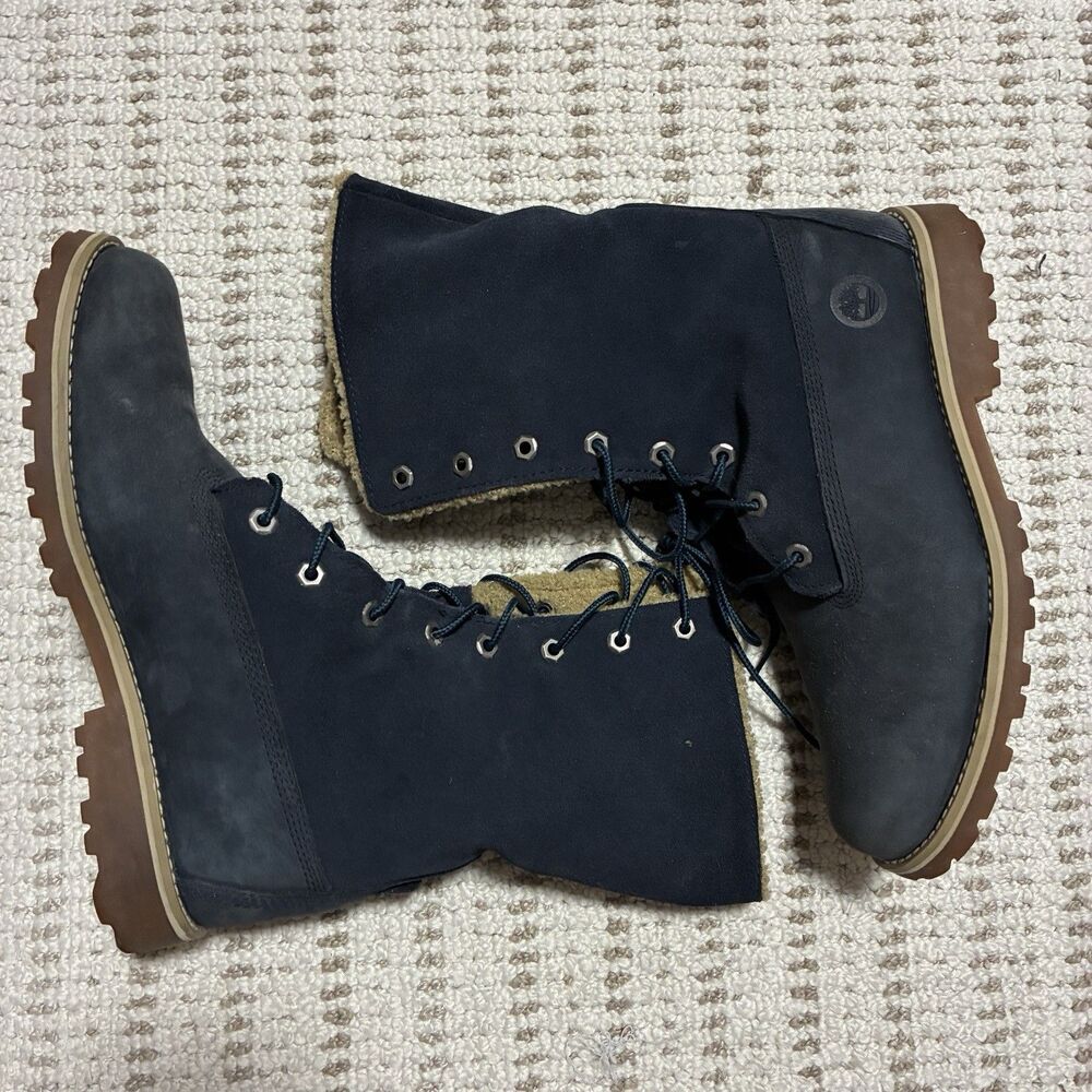 Timberland Authentic Roll Top 6 Inch Shearling Boots Womens 6 Navy Blue Faux Fur